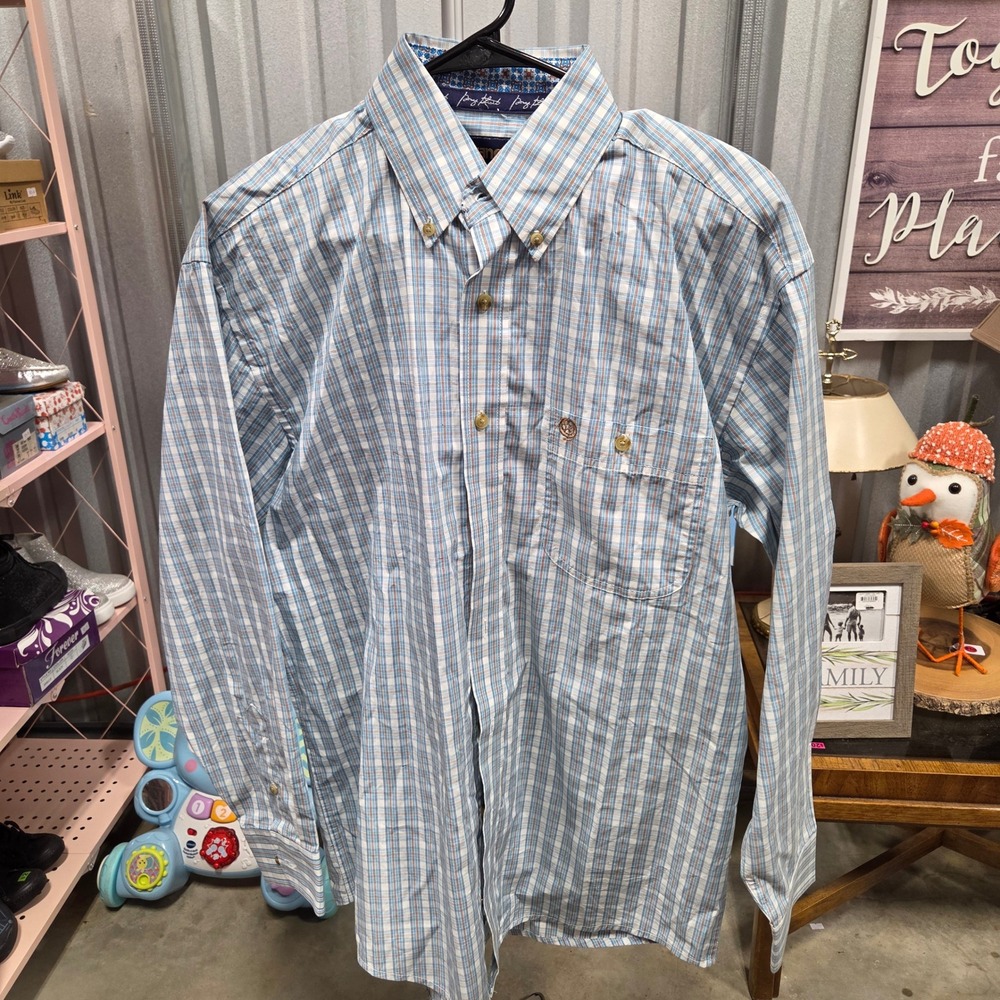 Wrangler George Strait Mens Blue Orange Plaid Western Button Down Shirt Medium
